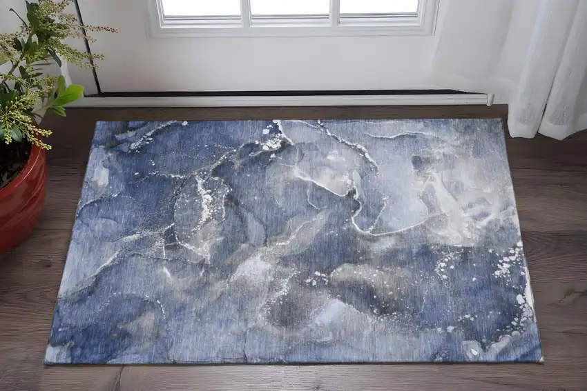 Navy Blue And Ivory Abstract Washable Area Rug With UV Protection Photo 2