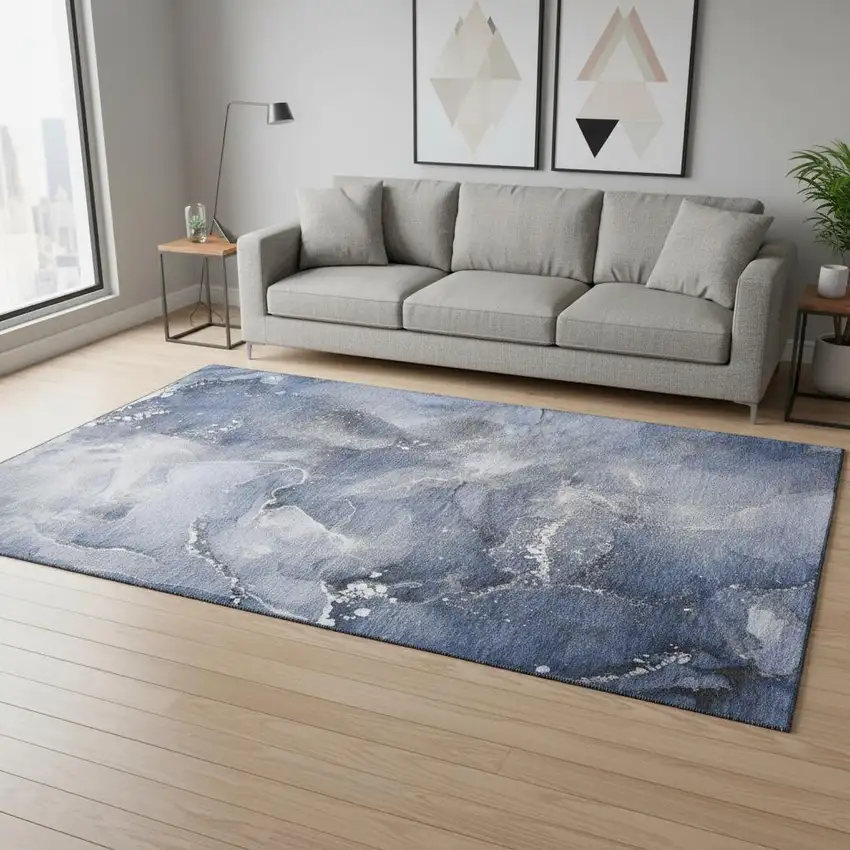 Navy Blue And Ivory Abstract Washable Area Rug With UV Protection Photo 2