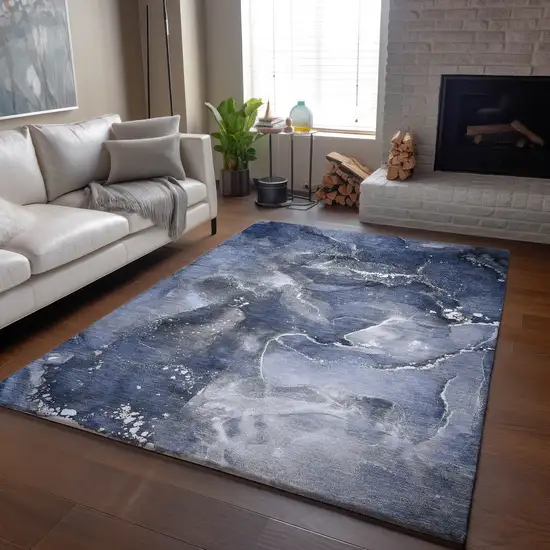 Navy Blue And Ivory Abstract Washable Area Rug With UV Protection Photo 6
