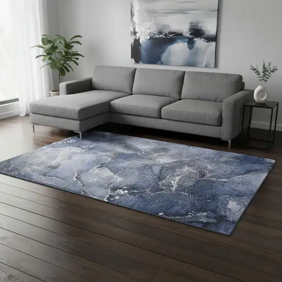 Navy Blue And Ivory Abstract Washable Area Rug With UV Protection Photo 2