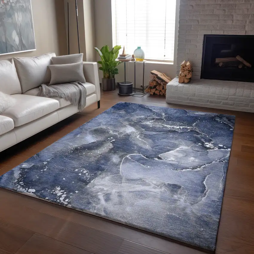 Navy Blue And Ivory Abstract Washable Area Rug With UV Protection Photo 6