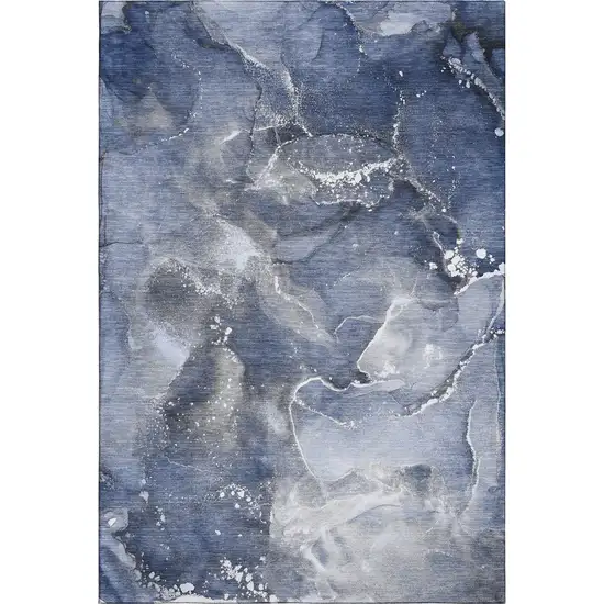 Navy Blue And Ivory Abstract Washable Area Rug With UV Protection Photo 1