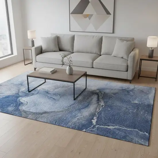 Navy Blue And Ivory Abstract Washable Area Rug With UV Protection Photo 2