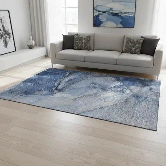 Navy Blue And Ivory Abstract Washable Area Rug With UV Protection Photo 1