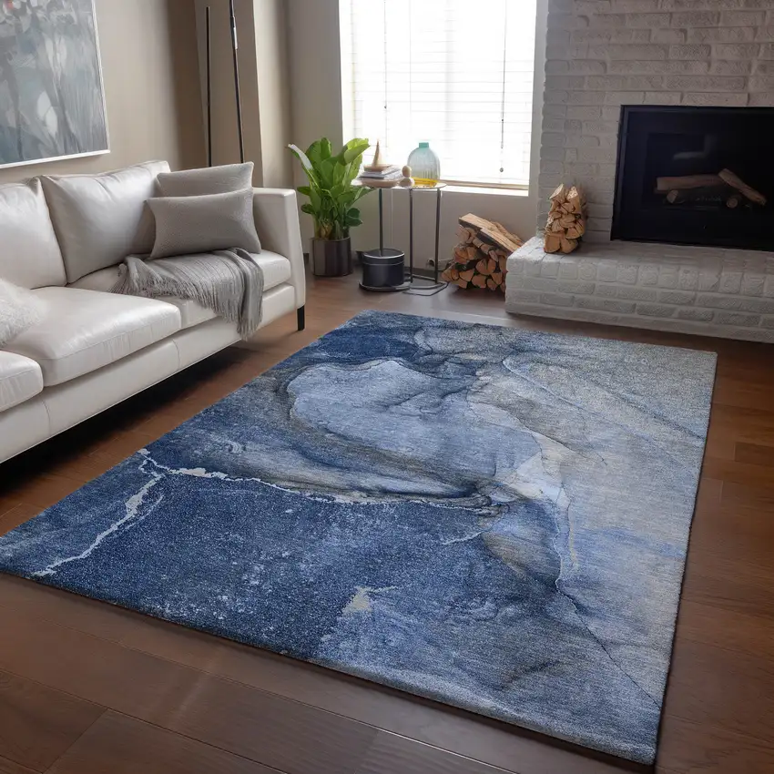 Navy Blue And Ivory Abstract Washable Area Rug With UV Protection Photo 6