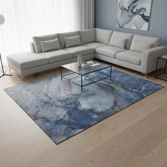 Navy Blue And Ivory Abstract Washable Area Rug With UV Protection Photo 2