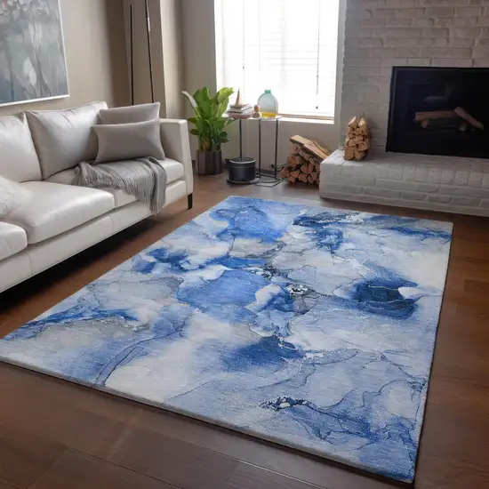 Navy Blue And Ivory Abstract Washable Area Rug With UV Protection Photo 6