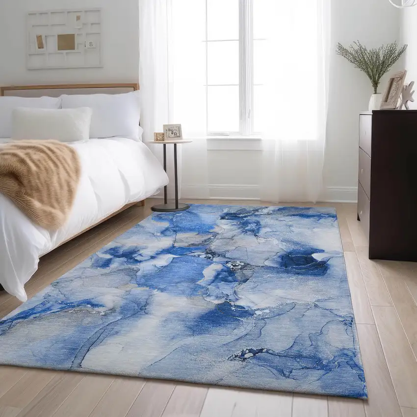 Navy Blue And Ivory Abstract Washable Area Rug With UV Protection Photo 5