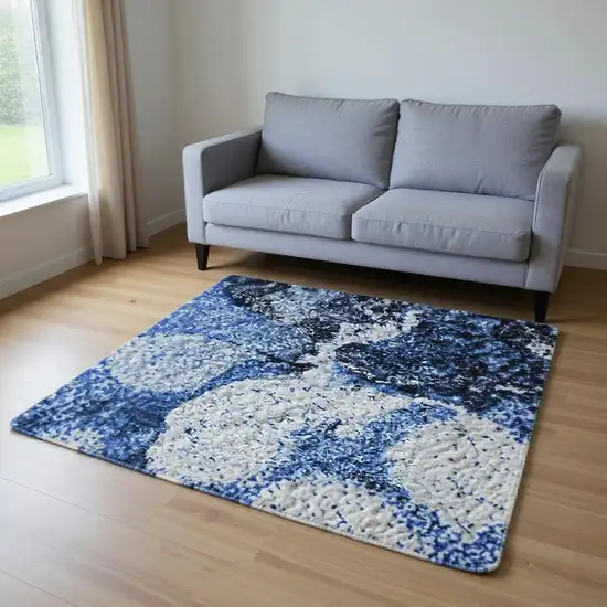 Navy Blue And Ivory Abstract Washable Area Rug With UV Protection Photo 2