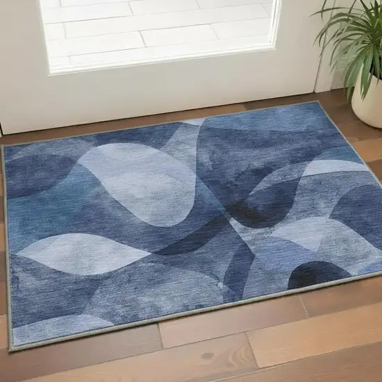 Navy Blue And Ivory Abstract Washable Area Rug With UV Protection Photo 2