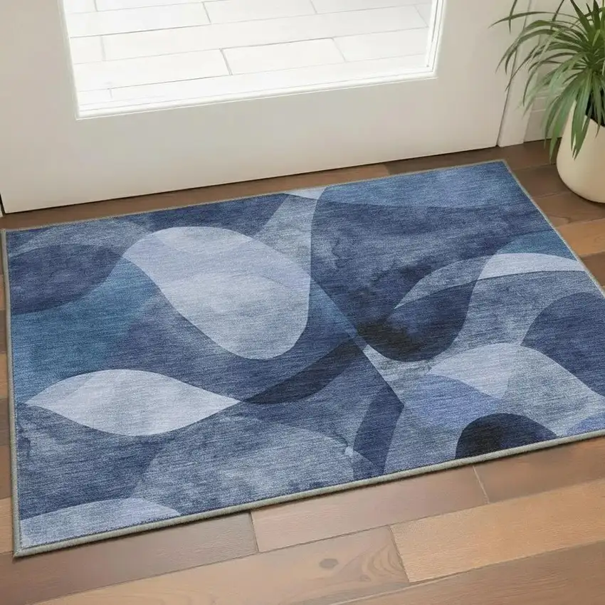 Navy Blue And Ivory Abstract Washable Area Rug With UV Protection Photo 2