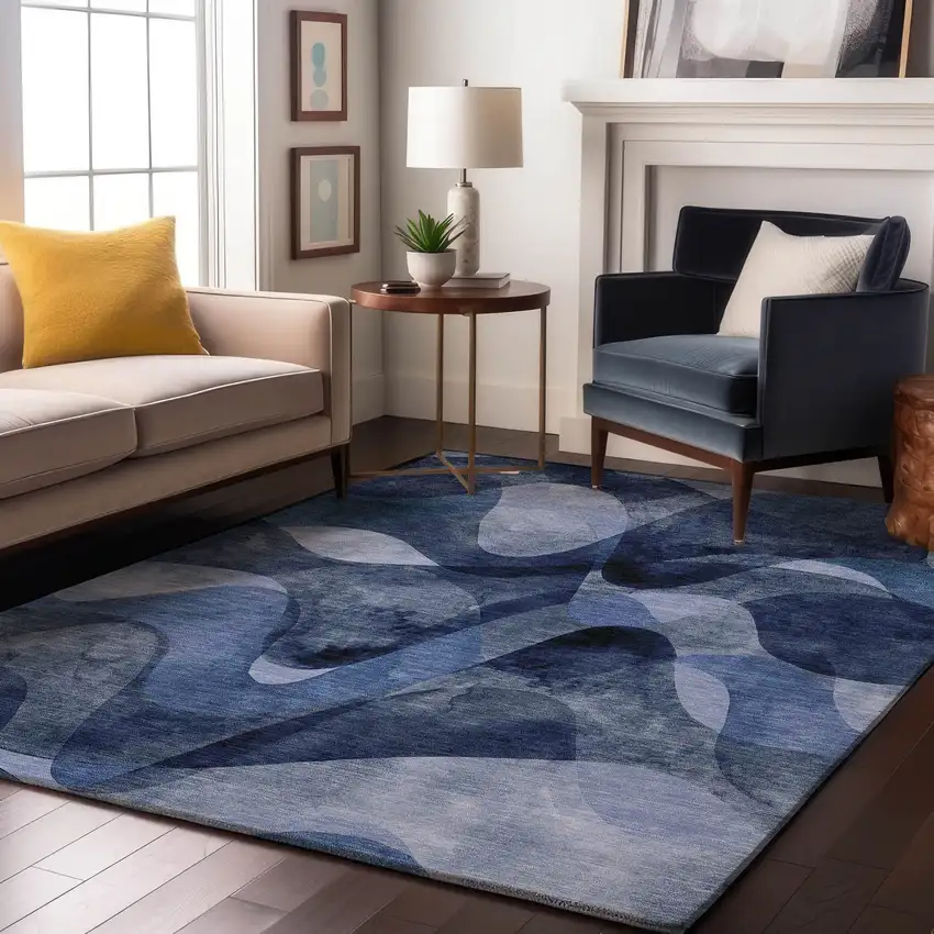 Navy Blue And Ivory Abstract Washable Area Rug With UV Protection Photo 4