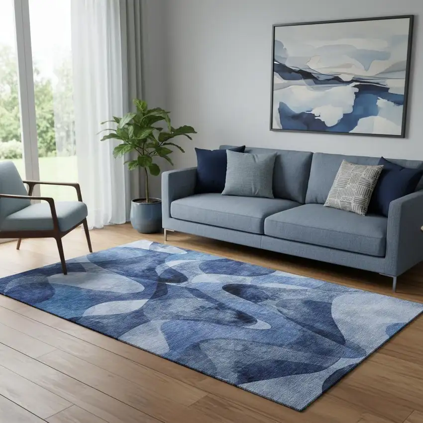 Navy Blue And Ivory Abstract Washable Area Rug With UV Protection Photo 1