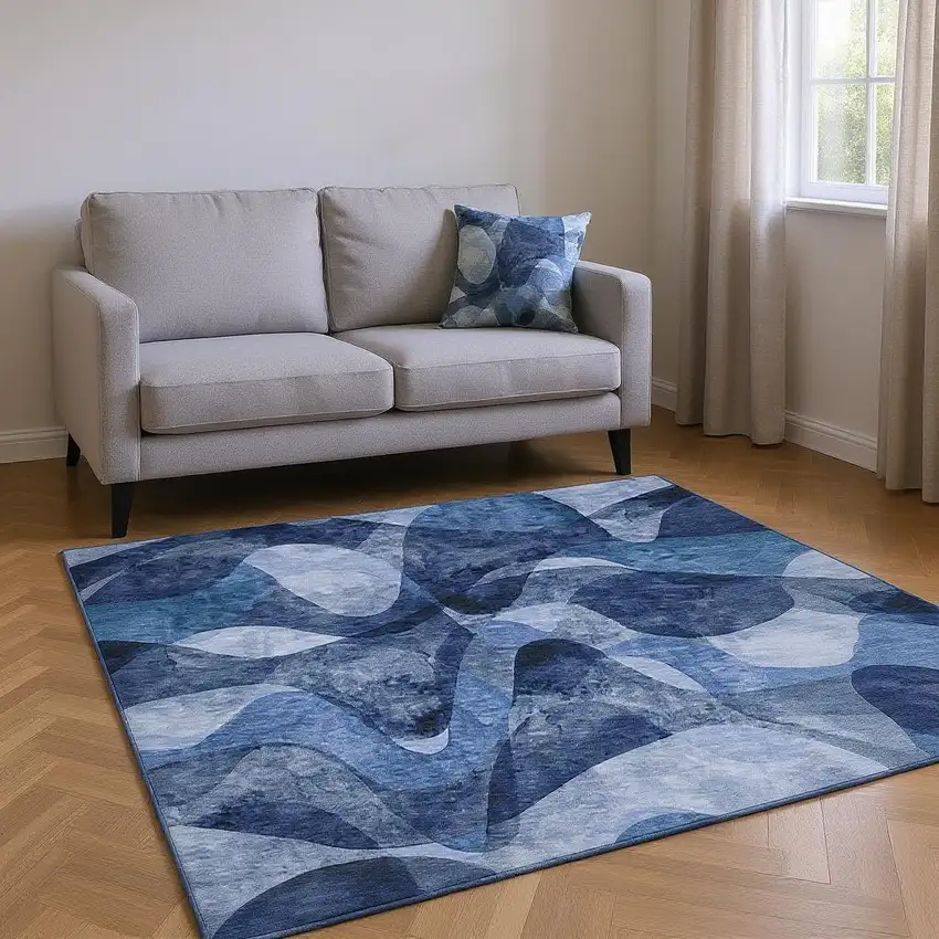 Navy Blue And Ivory Abstract Washable Area Rug With UV Protection Photo 2