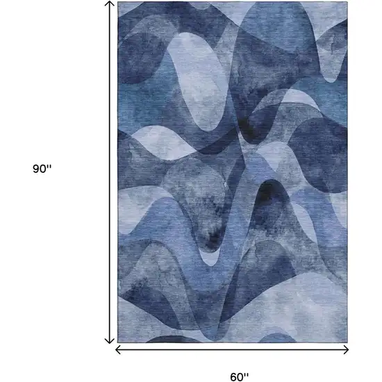 Navy Blue And Ivory Abstract Washable Area Rug With UV Protection Photo 3