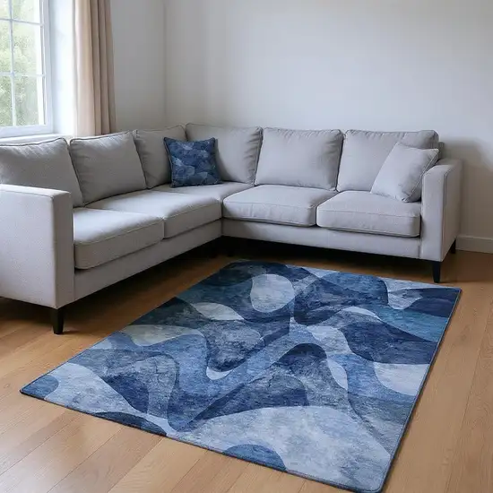 Navy Blue And Ivory Abstract Washable Area Rug With UV Protection Photo 2