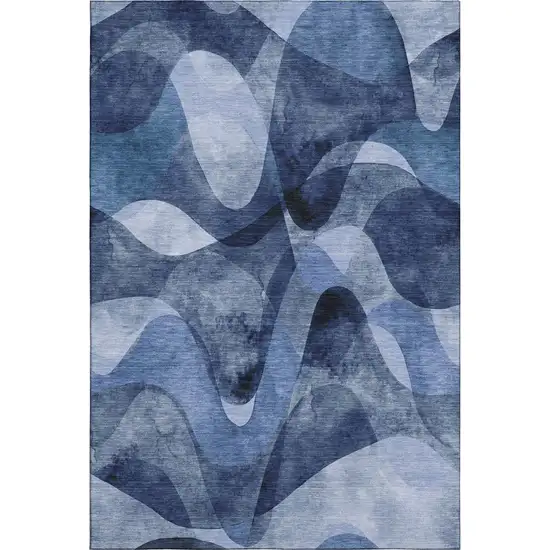 Navy Blue And Ivory Abstract Washable Area Rug With UV Protection Photo 1