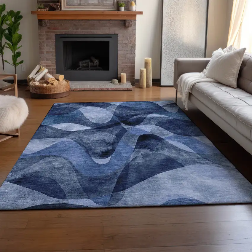 Navy Blue And Ivory Abstract Washable Area Rug With UV Protection Photo 4