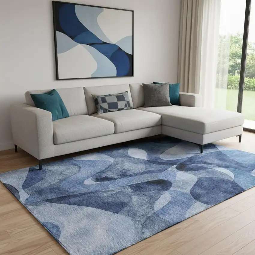 Navy Blue And Ivory Abstract Washable Area Rug With UV Protection Photo 1