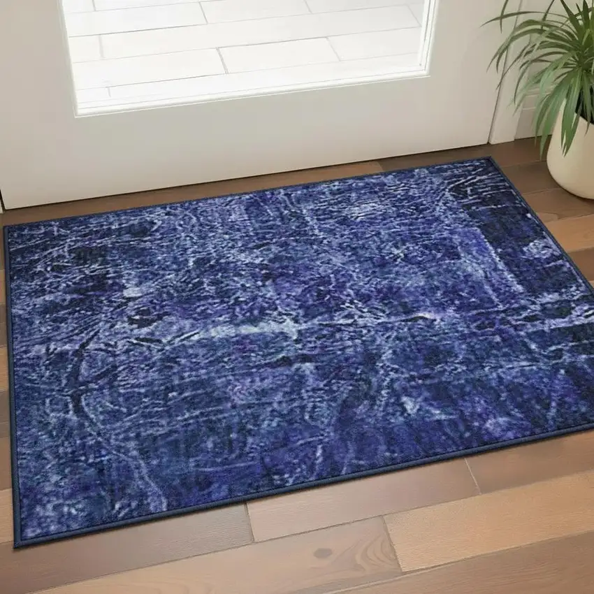 Navy Blue And Ivory Abstract Washable Area Rug With UV Protection Photo 2