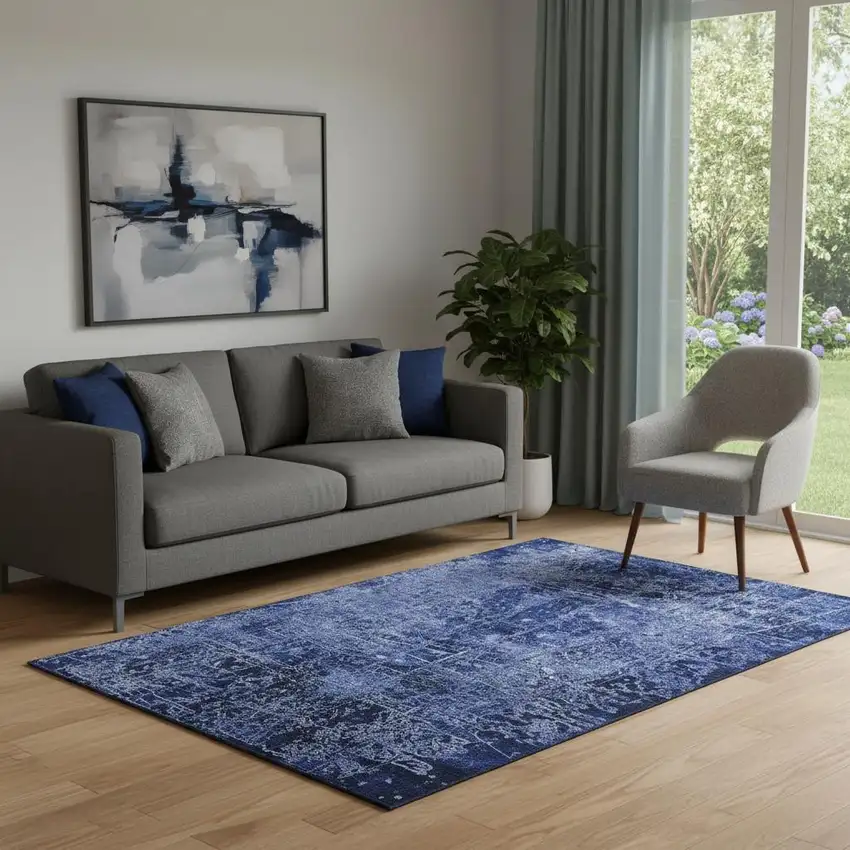 Navy Blue And Ivory Abstract Washable Area Rug With UV Protection Photo 1