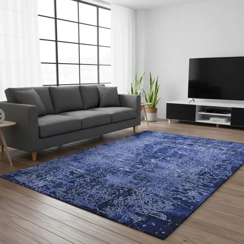 Navy Blue And Ivory Abstract Washable Area Rug With UV Protection Photo 2