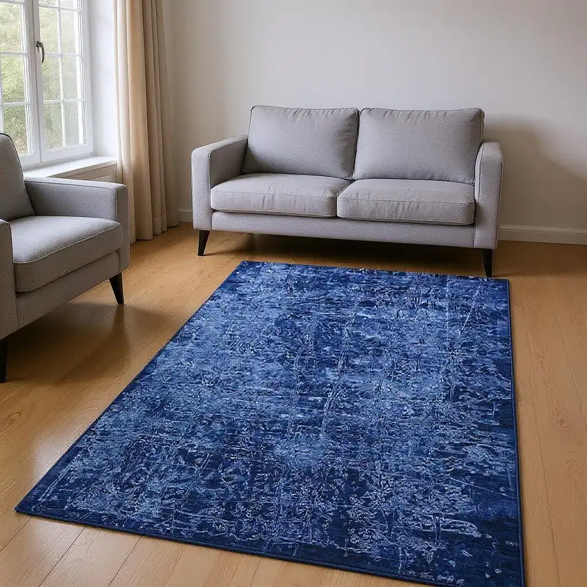 Navy Blue And Ivory Abstract Washable Area Rug With UV Protection Photo 2