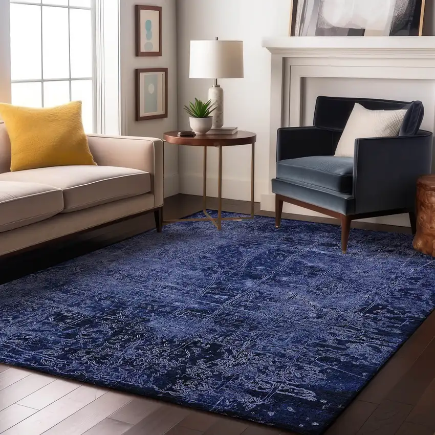 Navy Blue And Ivory Abstract Washable Area Rug With UV Protection Photo 4
