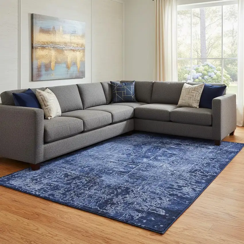 Navy Blue And Ivory Abstract Washable Area Rug With UV Protection Photo 1