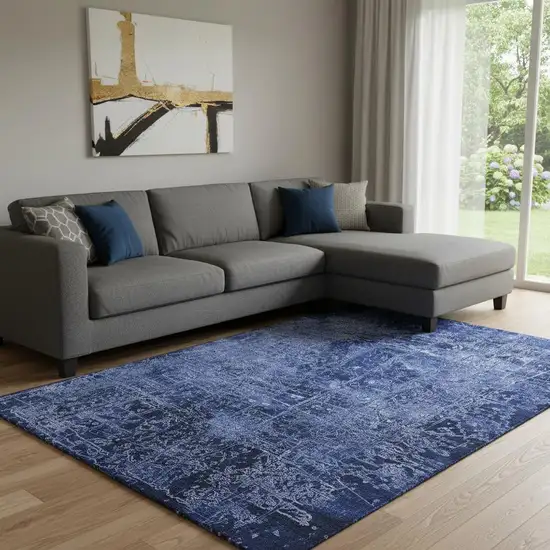 Navy Blue And Ivory Abstract Washable Area Rug With UV Protection Photo 1