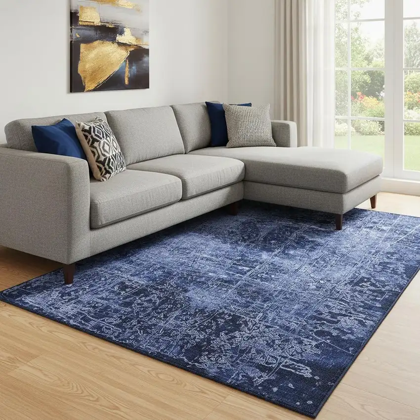 Navy Blue And Ivory Abstract Washable Area Rug With UV Protection Photo 1