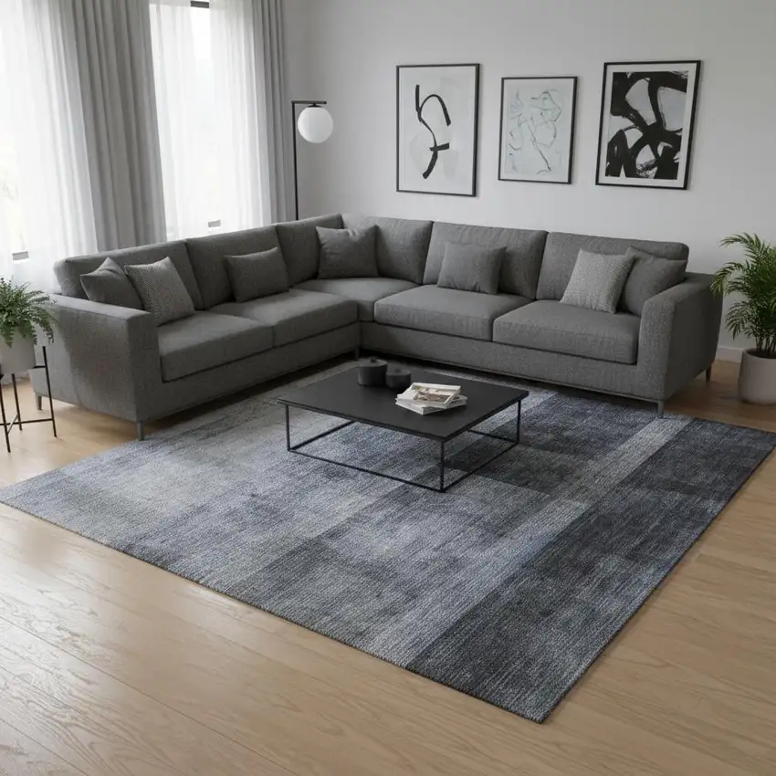 Navy Blue And Ivory Abstract Washable Area Rug With UV Protection Photo 2