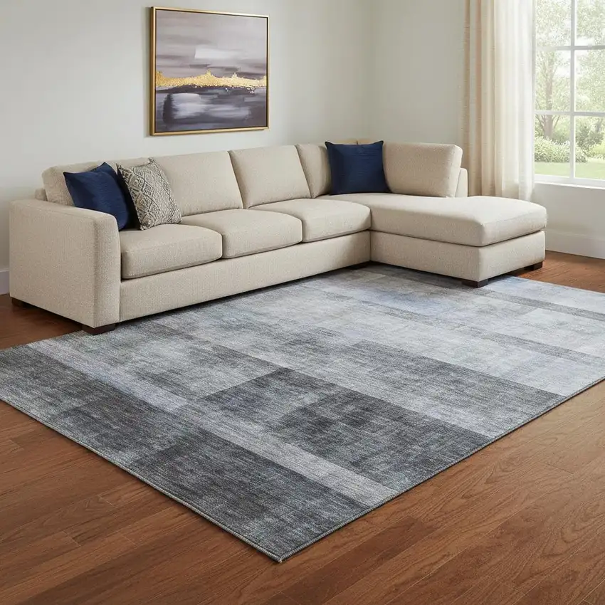 Navy Blue And Ivory Abstract Washable Area Rug With UV Protection Photo 1