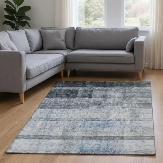 Navy Blue And Ivory Abstract Washable Area Rug With UV Protection Photo 2