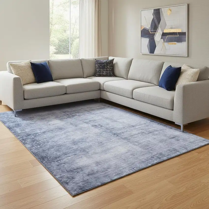 Navy Blue And Ivory Abstract Washable Area Rug With UV Protection Photo 1