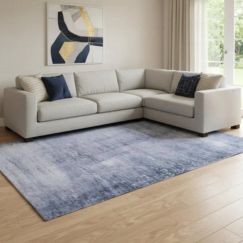 Navy Blue And Ivory Abstract Washable Area Rug With UV Protection Photo 1