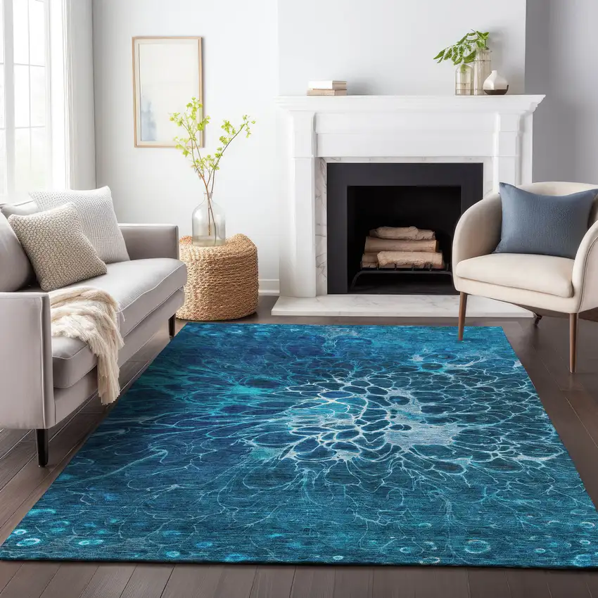 Navy Blue And Ivory Abstract Washable Area Rug With UV Protection Photo 6