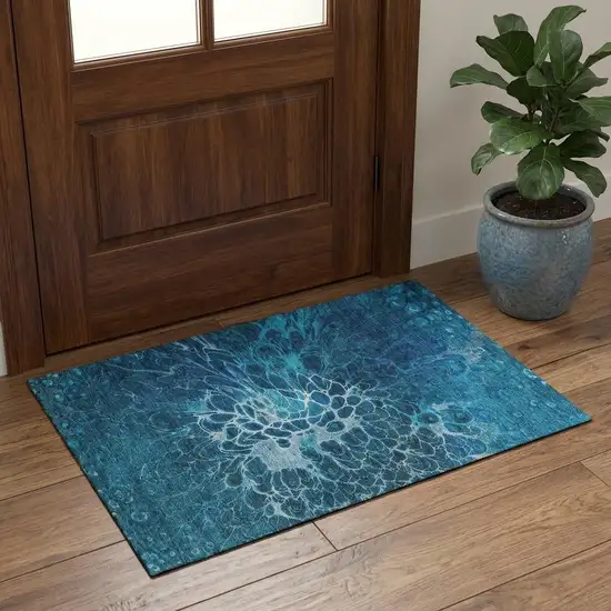 Navy Blue And Ivory Abstract Washable Area Rug With UV Protection Photo 1