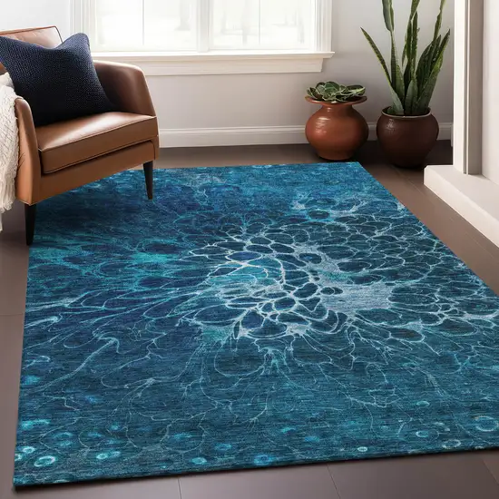 Navy Blue And Ivory Abstract Washable Area Rug With UV Protection Photo 7