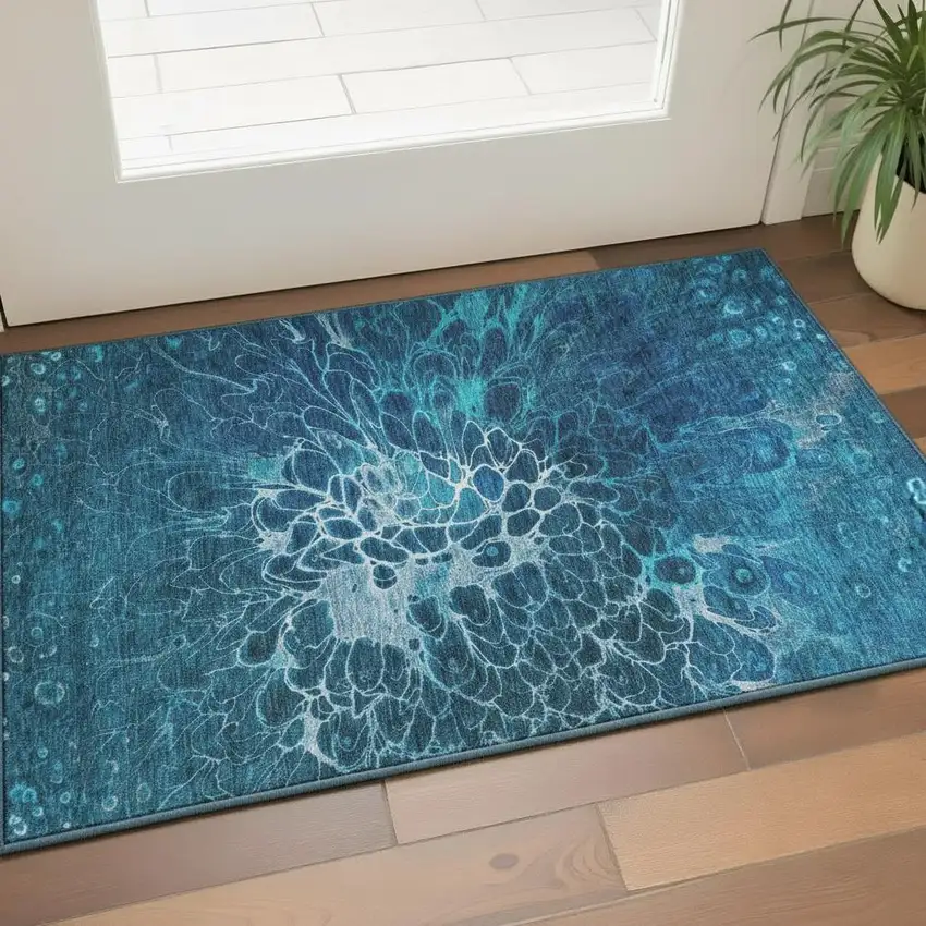 Navy Blue And Ivory Abstract Washable Area Rug With UV Protection Photo 2