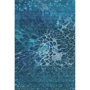 Photo of Navy Blue And Ivory Abstract Washable Area Rug With UV Protection