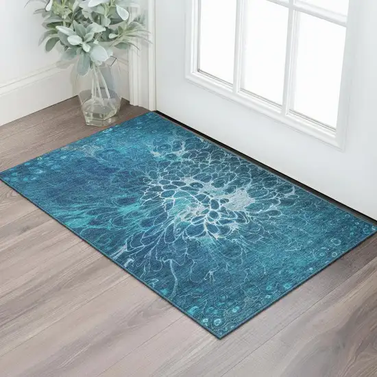 Navy Blue And Ivory Abstract Washable Area Rug With UV Protection Photo 3