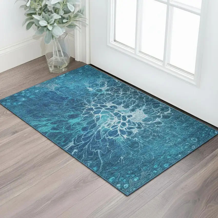 Navy Blue And Ivory Abstract Washable Area Rug With UV Protection Photo 3