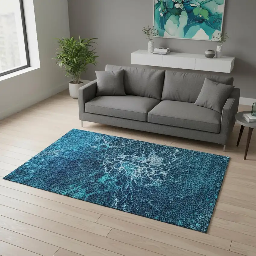 Navy Blue And Ivory Abstract Washable Area Rug With UV Protection Photo 2