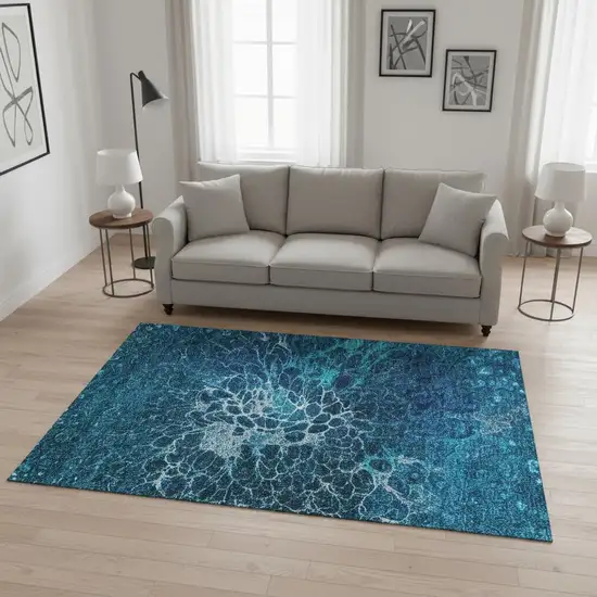 Navy Blue And Ivory Abstract Washable Area Rug With UV Protection Photo 3