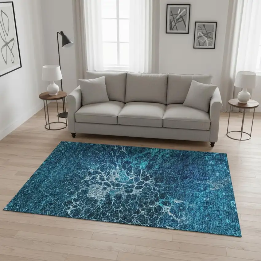 Navy Blue And Ivory Abstract Washable Area Rug With UV Protection Photo 3