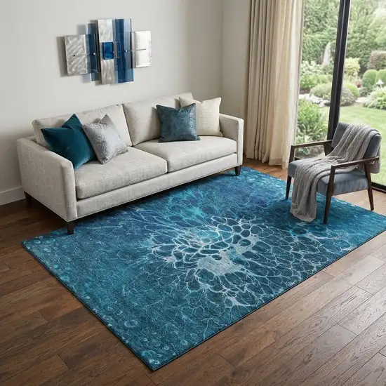 Navy Blue And Ivory Abstract Washable Area Rug With UV Protection Photo 1