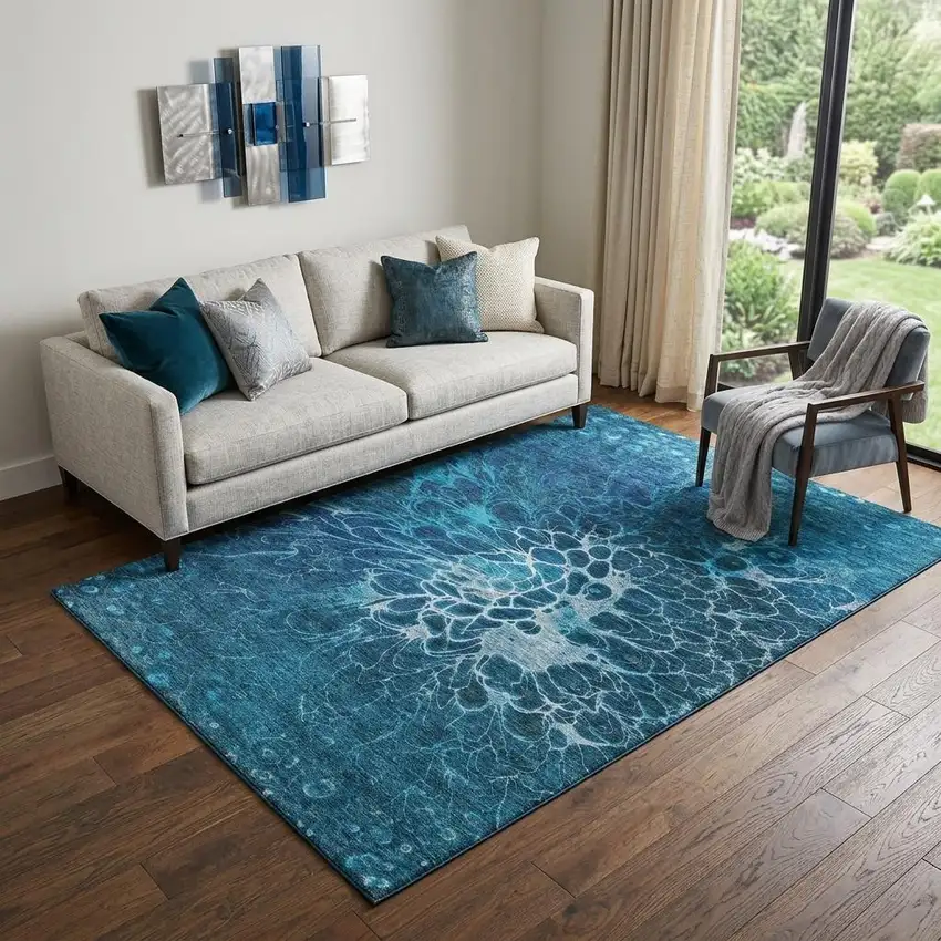 Navy Blue And Ivory Abstract Washable Area Rug With UV Protection Photo 1