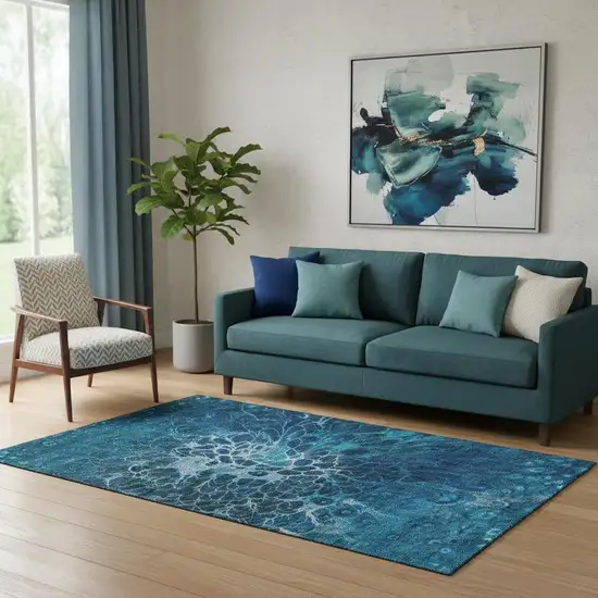 Navy Blue And Ivory Abstract Washable Area Rug With UV Protection Photo 1