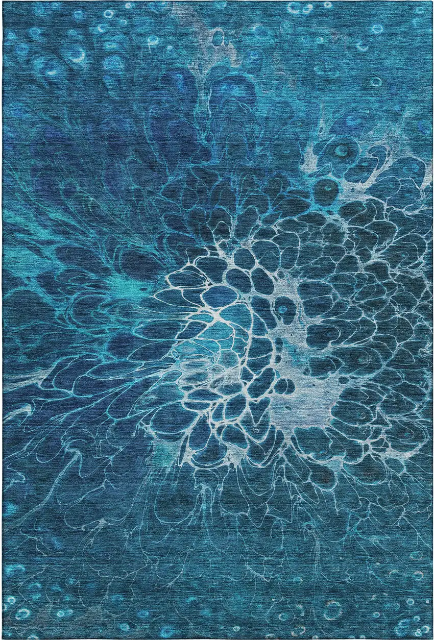 Navy Blue And Ivory Abstract Washable Area Rug With UV Protection Photo 1